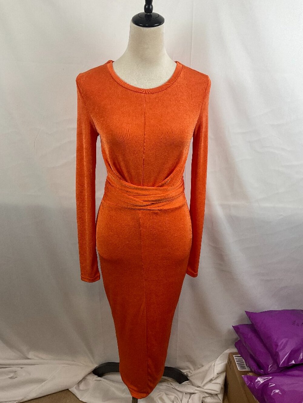 JLuxLabel Slinky Sheath Bodycon Dress S Orange Long Sleeve Tie Detail